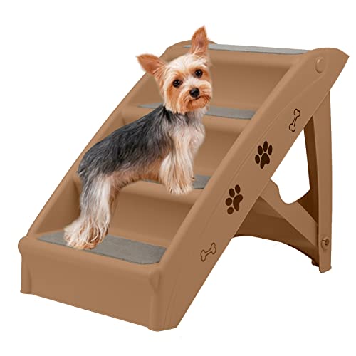 LZQ Hundetreppe Katzentreppe für Kleine Hunde Klappbar PP-Kunststoff Haustiertreppe 50cm Hoch mit Rutschfesten Stufen Hunderampe Sofa für Hunde und Katze zum Klettern und Kratzen, Braun