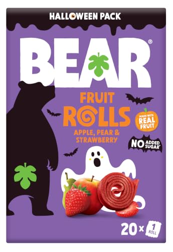 BEAR Real Fruit Snack Rolls - Gluten Free, Vegan, and Non-GMO - Strawberry – Halloween Pack - 20 Rolls, Healthy School And Lunch Snacks For Kids And Adults, 0.34 Ounce (Pack of 20)