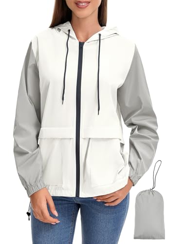 Zando Women's Lightweight Rain Jacket with Hood Waterproof Raincoat for Women Packable Raincoats for Women with Hood Windbreaker Jacket with Pockets for Outdoor Travel Gray/White L