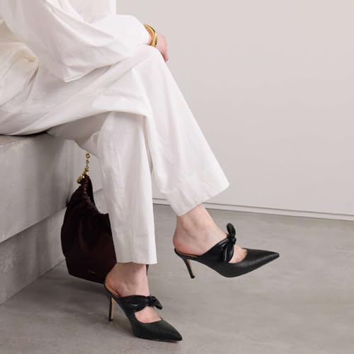 MIRAAZZURRA Mule Heels for Women Raffia High Heels Bow Heels Pointed Close Toe Mules Slip On Stiletto Heels for Bridal Wedding Dress Party4
