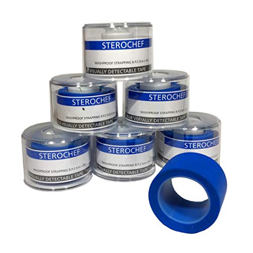 SHB (PACK OF 6) 2.5cm x 5m Roll Sterochef Blue Visually Detectable Tape Catering Food Industry Plaster Strapping Tape