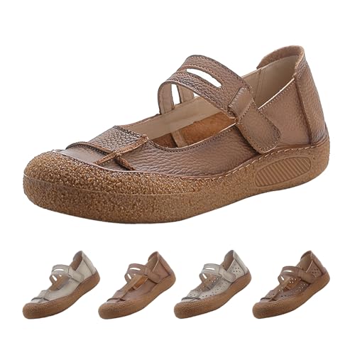 Women's Vintage Mary Jane Flat Shoes,Classic Comfort Handmade Closed Toe Non-Slip Soft Sole Casual Dress Leather Shoes