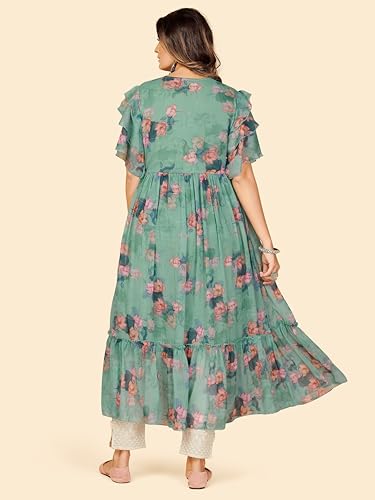 Image of Vbuyz Women's Printed & Hand Work Straight Cotton Blend Parrot Green Kurta,Pant with Dupatta | Kurta Set with Dupatta for Women | Suit Set | Ethnic Set | Printed Kurta Set | Salwar Set for Women