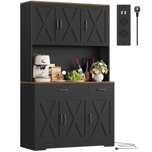 HOCSOK Buffet Cuisine 105x180 cm (BxH), Haut Armoire de Cuisine, Vaisselier avec Prises Électriques, avec Plans de Travail et 2 Tiroirs, Étagères...