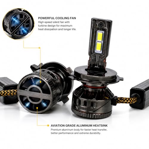 Image of VECTRON H4 /H19 LED Headlight Bulbs for Car, 260W Super Bright 4300K Warm Golden White, Cooling Fan, IP68 Waterproof, 2 Year Warranty, Set of 2