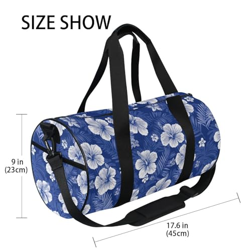 Hawaiian Blue Flowers Sports Duffel Bag Full Print Polyester Barrel Gym Bag with Side Zipper Pocket, Detachable Shoulder Strap for Gym Sports Fitness and Short-Term Travel Use4