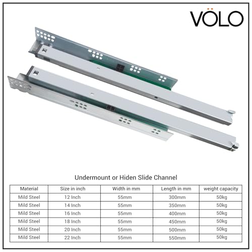 Image of Volo Undermount Drawer Slide Runner Bottom Undermount Channel, Silent Soft Closing Hydraulic with Locking Device (Capacity: 40 kg) (18 Inch / 450mm)