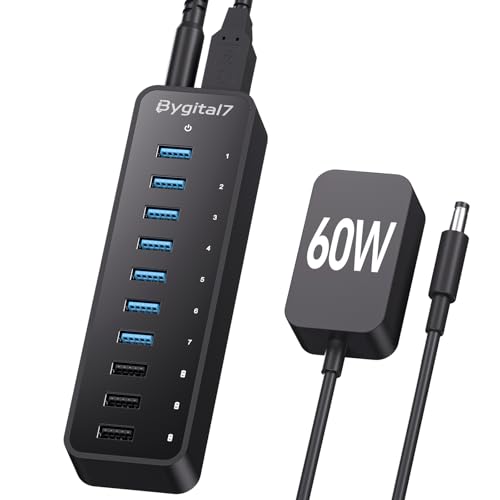 Image of Powered USB Hub, 10 Ports USB A 3.0 5Gbps Data Hub, with 7 USB-3.0 Ports, 3 PowerIQ Charging Ports, 60W Power Adapter for Laptop and More