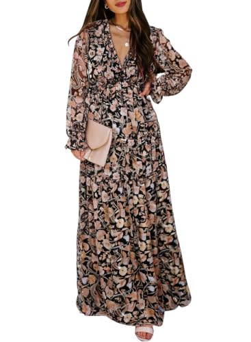 Image of BLENCOT Womens Casual Boho Floral Deep V Neck Long Sleeve Maxi Dress | Long Ruched Party Maxi Wedding Dress; Flowy Comfortable Boho Dresses