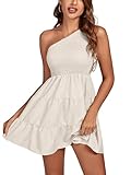 LYANER Women's One Shoulder Smocked Shirred Tiered Ruffle Sleeveless A-Line Mini Dress Light Beige Medium