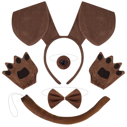 Jokureao 5Stück Welpen-Kostüm-Set, Hund Stirnband Ohren, Fliege, Schwanz, Pfote Handschuhe, Tier Welpen Hund Kostüm Set für Erwachsene Kinder Karneval Welttag des Buches Cosplay Party