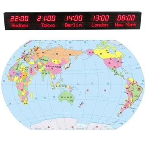 LJYKBFL Reloj Mundial Digital LED Grande, con 5 Zonas horarias, para Montar en la Pared, con Zonas horarias de Ciudades, Cambio de Ciudad y Brillo Ajustable en Tres Niveles, para Hotel.