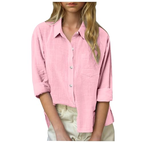 Girls Cotton Linen Button Down Shirts Long Sleeve Loose Casual Collared Blouses with Pocket Boho Flowy Dressy Tops Kids