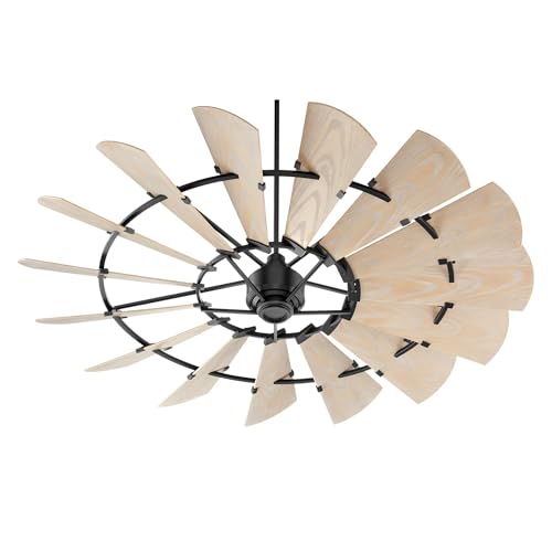 Quorum 97215-69 Windmill 72 Inch Ceiling Fan | 15 Blade Wagon Wheel Design | 6 Speed Reversible DC Motor | Remote Control Included | Dry Rated Fan | Weathered Oak Blades | Textured Black Finish