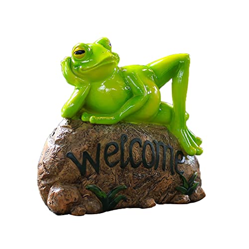 Adurello Figura de rana de resina para jardín de piedra, letrero de bienvenida, figura de rana para jardín de hadas al aire libre, patio, porche, estanque, adorno de patio Cover