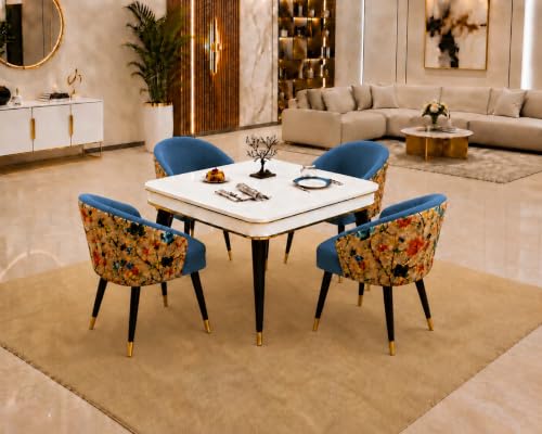 Image of WOODEN SPACE 4 Seater Wooden Dining Table Set | Urban Marble Top Dining Table with Chairs for Dining Room & Kitchen (Modern Classic Printed Blue) (42 x 42 x 30 inch)