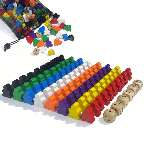 CHUANFU 80 Stück Spielfiguren für Brettspiele, 24 x 20 x 10mm und 6 Würfel aus Holz mit Säckchen zur Aufbewahrung, Spielfiguren Set, Bunte Halmakegel Holz, für Flugschach, Dame, Brettspiele