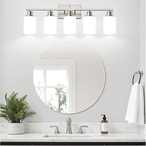 Image of Indoi 5-Light Bathroom Light Fixtures, Brushed Nickel Modern Vanity Lights with Milky White Shades, Bathroom Wall Lamp for Mirror Living Room Cabinet Bedroom Porch