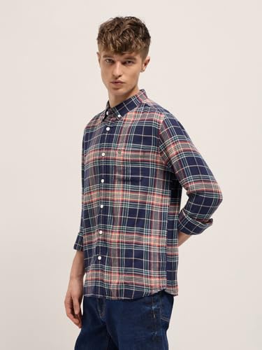 Image of THE BEAR HOUSE Men's Blue Slim Fit Tartan Check Cotton Casual Shirt