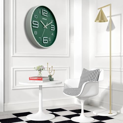 Image of OREVA 12 Inch Round Fancy Embossed Number Dial Contemporary Stylish Quartz Clocks Modern Analog Silent Wall Clock for Living Room Bedroom Home Decor Office AQ-9497SS (Green)