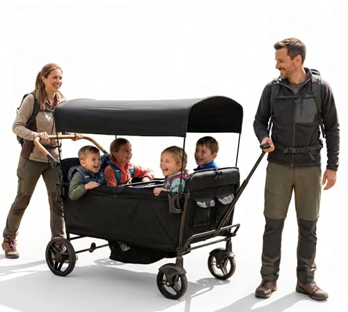 Voupou Stroller Wagon for 4 Kids Seated-Tandem Fold Stroller Push-Pull Lightweight Travel Trolley with 5-Point Harness Adjustable Handle and Canopy Mosquito Net Footwells Child Tray Cup Holder Storage