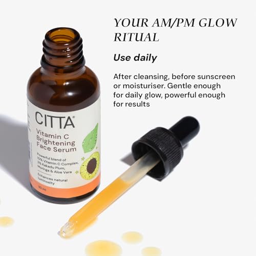 Image of CITTA 12% Vitamin C Brightening Face Serum - For Oily, Combination & Acne-Prone Skin - With Hyaluronic Acid, Promotes Glowing Skin - Fights Dark Spots, Pigmentation & Uneven Tone - Non-Comedogenic, Dermatologically Tested - 30ml