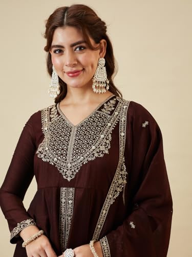 Image of MOKOSH Women's Silk Anarkali Kurta Pant with Dupatta | Anarkali Kurta Set | Embroidery | Indian Kurta Outfit With Pant | Ethnic Kurta | 3 Piece Outfit