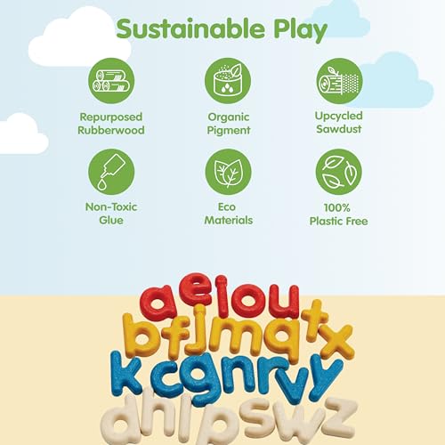 Image of PlanToys Lower Case Alphabet Wooden Learning Set for Kids Ages 3+ | Montessori Educational Resource for Literacy, Letter Recognition & Spelling | Eco-Friendly Early Language Development Tool