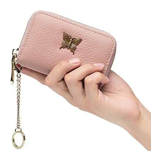 Image of imeetu RFID Credit Card Holder for Women, Business Card Wallet, Pink, Small, Credit Card Case Wallet | Genuine Leather Card Case Wallet with Zipper and Removable Keychain, 12 Card Slots & 2 Cash Pockets, Daily, Travel, Gifts