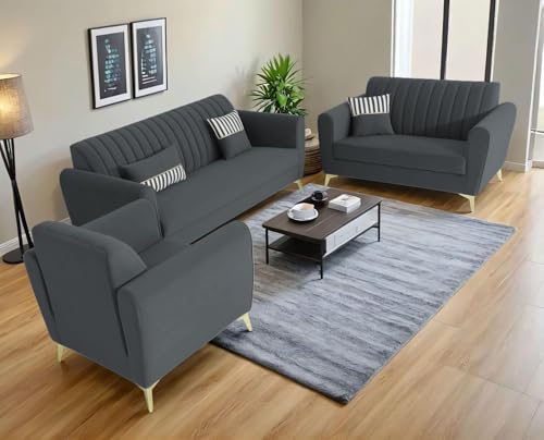 Image of Adorn India Premium Luster 3-2-1 Sofa Set | Velvet Suede Fabric | 3-Year Warranty | Color Dark Grey with Golden Legs & Striped Pattern Cushion