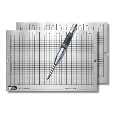 Image of Crypto Seed Phrase Backup Punch Plates [Premium] | Seed Phrase Storage Stainless Steel Plates | Includes a Set of 2 Plates, Punch Pen, Engraving Pen, 2 Sets of Rivets, and Tamper Proof Stickers