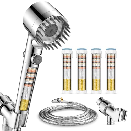 Fitespot Filtered Shower Head with Handheld with 4PCS Filters High Pressure 4 Spray Modes Shower heads with Filter IronDrops Water Softener Filter for Hard Water 70 Hose (Chrome)