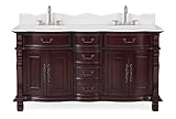 Benton Collection 64 Inch Bathroom Vanity with White Marble Stone Top, Wood Construction Cherry Brown Finish, Double Sinks, 2 Cabinets, 4 Drawers, Antique Traditional Style