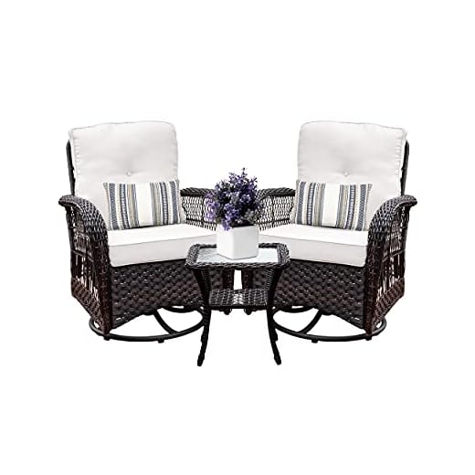 Harlie & Stone Outdoor Swivel Rocker Patio Chairs Set of 2 and Matching Side Table - 3 Piece Wicker Patio Bistro Set with Premium Fabric Cushions Outdoor Furniture (Dark Wicker Chair Beige Cushion)
