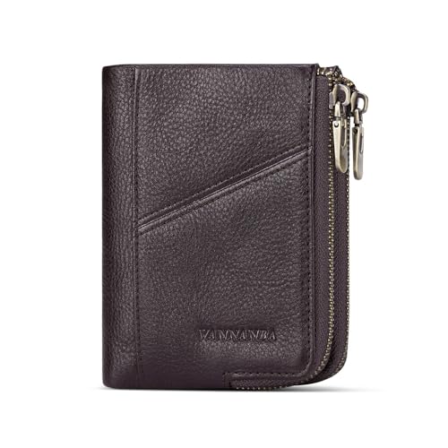 VANNANBA Men Wallets with Zipper Genuine Leather Retro Multifunction with 2 Large Zipper Pocket, 6 Card Slots