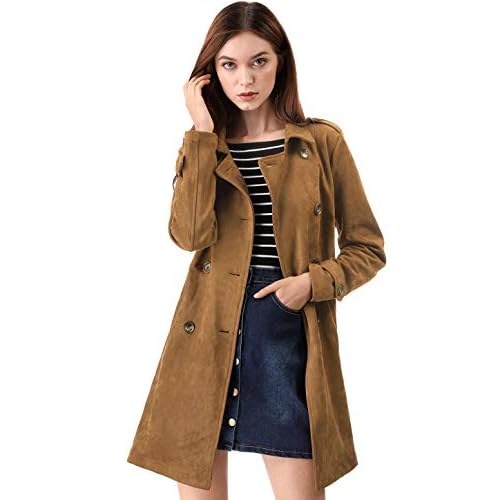 Allegra K Women’s Notched Lapel Double Breasted Faux Suede Trench Coat Jacket with Belt