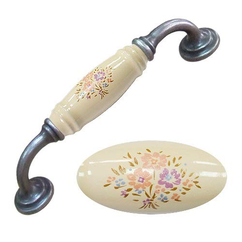 Poignée de meuble en céramique beige 128mm et métal argenté antique au design floral raffiné