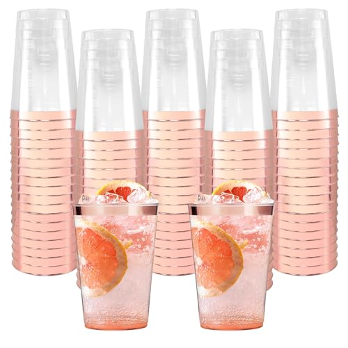 Lot de 60 gobelets en plastique avec bord doré rose, 350 ml, réutilisables, élégants, pour fête, anniversaire, mariage, cocktail, boisson (11,1 x 7,4 cm)