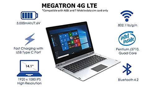 Iview Megatron 4G Lte 14.1" Touch Screen, 1920 × 1080 Ips High Resolution, Intel Celeron Dual Core 4Gb/64Gb Storage 360° Convertible Laptop #TOP5