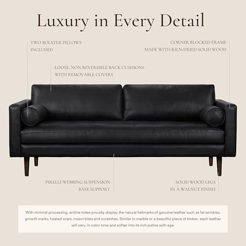 Image of POLY & BARK Napa 88.5 inch Leather Sofa - Full-Grain Italian-Tanned Aniline Leather, Feather-Down Comfort, Solid Wood Frame, Walnut Legs, Onyx Black