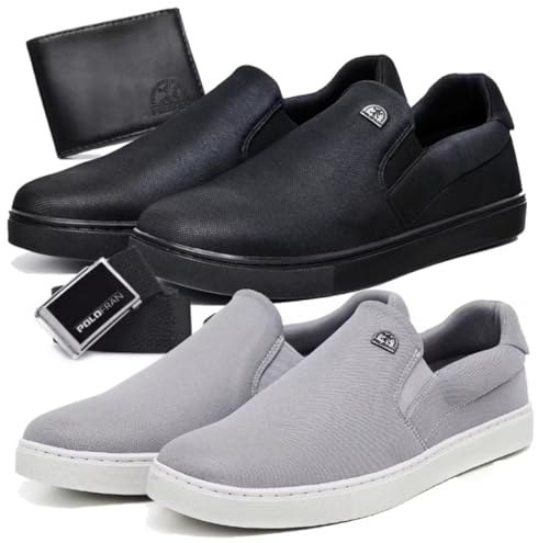 Kit Sapatenis Casual Slipon Masculino + Cinto Carteira Relógio (Cinza/Preto, BR, Adulto, Faixa Numérico, 43, 44)