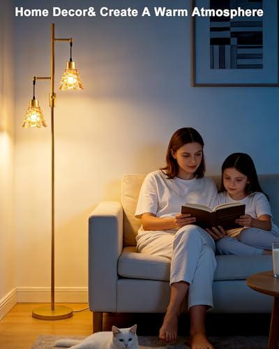 Image of 2-Light Modern Glass Floor Lamp, Gold Standing Tall Lamp with Amber Shell Glass Shade, Dimmable LED Floor Lamp with 5Lbs Heavy Base for Living Room Bedroom Home Decor, Bulb Included