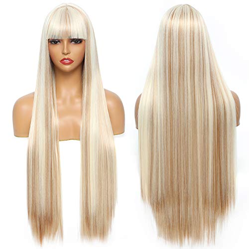 Sylhair Long Wig with Bangs 32 Inch Mixed blonde Long Straight Wigs for Black Women