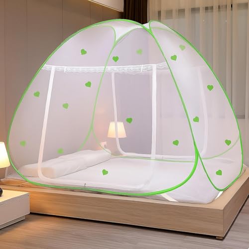 Image of Evafly Mosquito Net for Double Bed | Heart Design (Limited Edition) | King Size Foldable Machardani | Polyester 30GSM Strong Net | PVC Coated Corrosion Resistant Steel Wire - Green