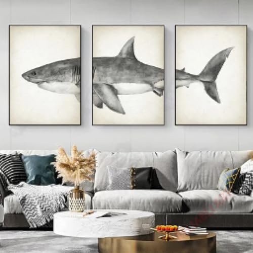 Grand squale blanc poster vintage animaux marins sur toile déco murale salon 60x90cm