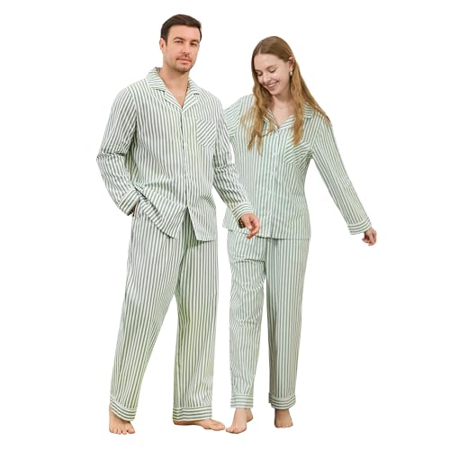 U2SKIIN Men's Pajama Set, Soft Cotton Button-Down Striped Pajamas for Men, Long Sleeve Sleepwear with Pockets & Front Fly (Green White, L)