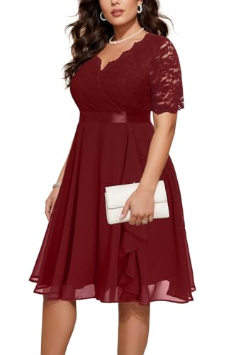 Image of Talisea Plus Size Wedding Guest Dress - Formal Cocktail Party Ruffle Elegant Tea Length Lace Chiffon V Neck Midi Dresses