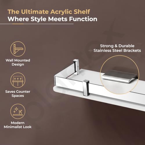 Image of Plantex Wall Shelf for Bathroom Storage /Acrylic Washroom Shelf Organizer with Stainless Steel Railings /Bathroom Accessories (White, 15x6 inches)