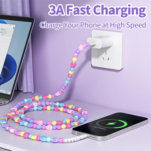 Image of VOFUOE USB C Cable for iPhone 17 Charging Cable Star Beads Charging Cord Extra Long 6.6FT Fast Charging USB C to Type C for Girls Women for iPhone 16 /15, for Galaxy S25, for iPad A16-Colorful