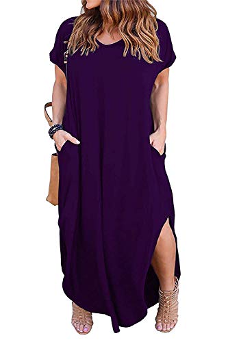 Image of Women's Plus Size Maxi Dresses V Neck Casual Short Sleeve Loose Pocket Slits Long Dress XL-5XL